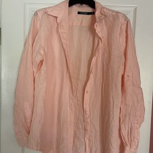 Lauren Ralph Pink Linen Button Blouse Long Sleeve